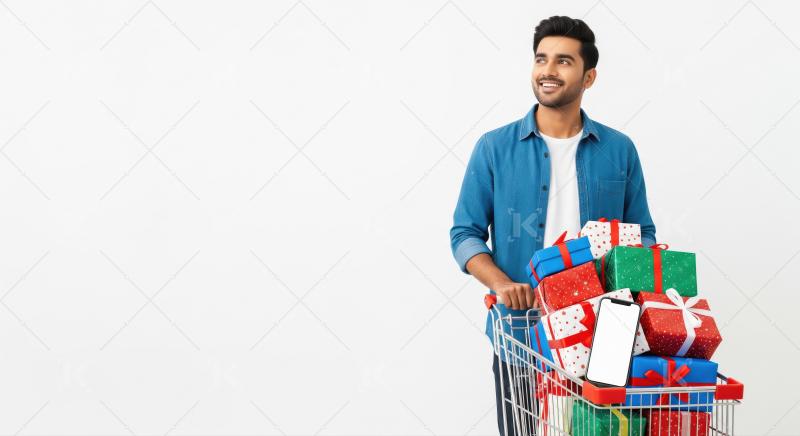 Happy Man with Shopping Cart Full of Gifts and Phone
