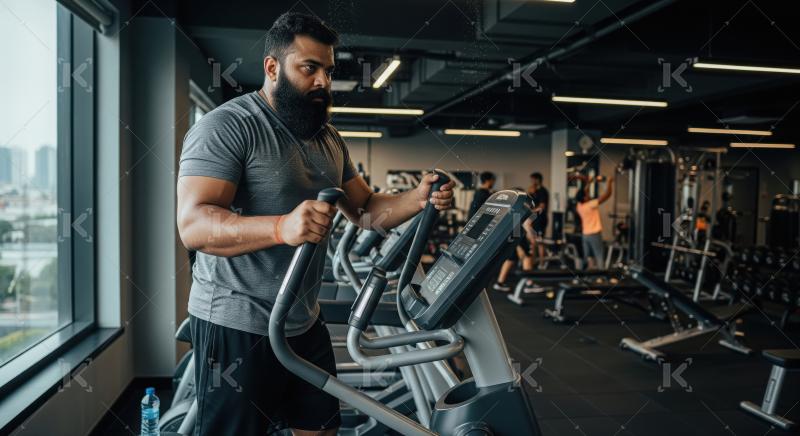 Focused man sweating during intense elliptical workout in modern