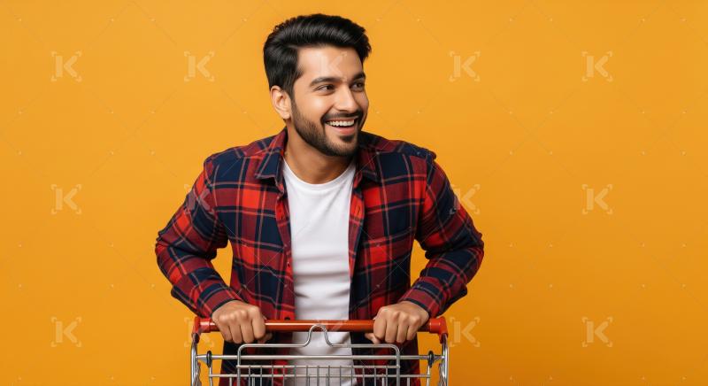 Happy Young Man Pushing Shopping Cart on Orange Background