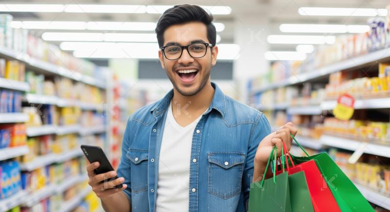 Happy Young Man Shopping in Supermarket with Phone and Bags