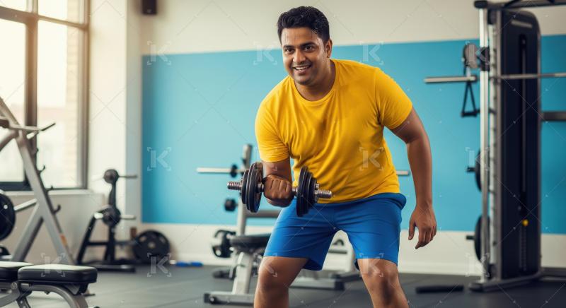 Man happily exercising with dumbbell in vibrant, modern gym