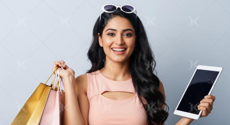 Happy Indian Woman with Shopping Bags and Tablet