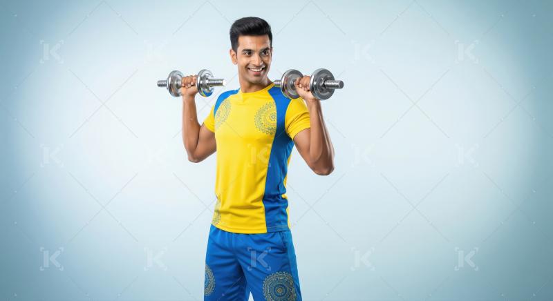 Smiling Indian Man Exercising with Dumbbells, Fitness Journey