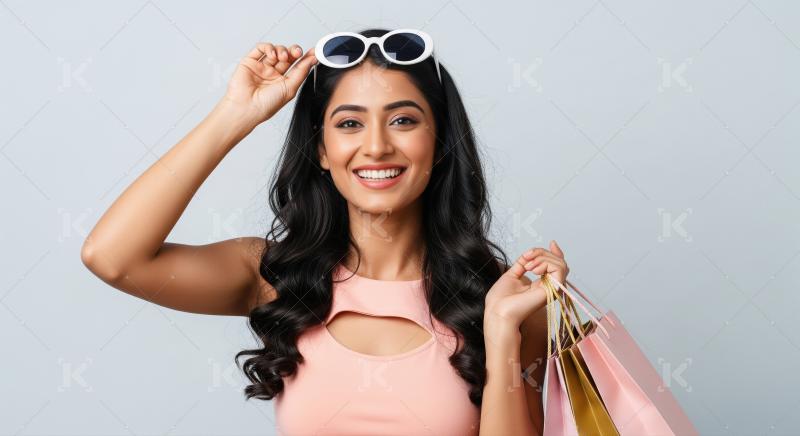 Happy Indian Woman Smiling with Shopping Bags and Sunglasses