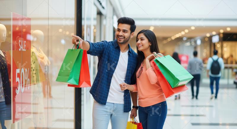 Happy Indian Couple Shopping at Mall during Sale