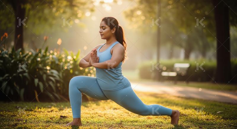 Young Indian Woman Meditating in Yoga Pose Outdoors at Sunrise