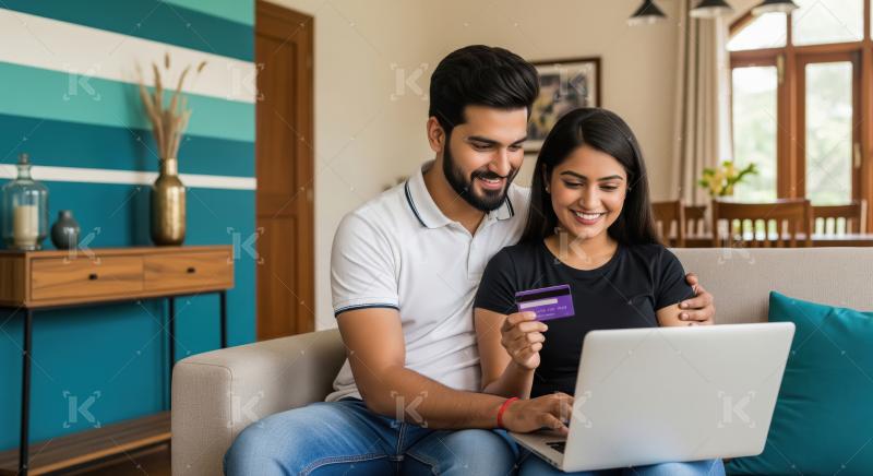 Happy Indian Couple Online Shopping with Laptop and Credit Card