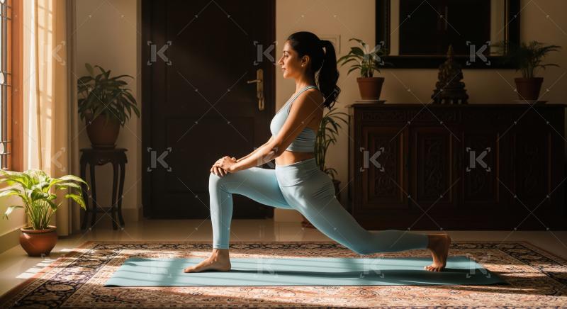 Peaceful yoga practice: woman in lunge pose at home.