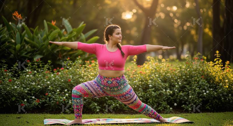 Peaceful woman performs Warrior II yoga pose in sunny park