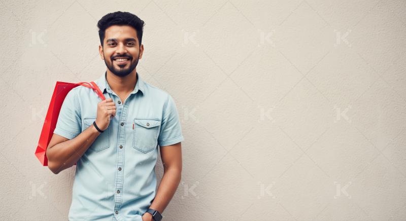 Happy Young Man with Shopping Bag Smiling at Camera