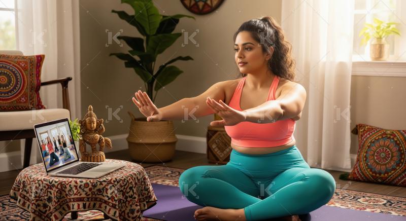 Young Woman Practices Online Yoga for Health and Wellness at Hom