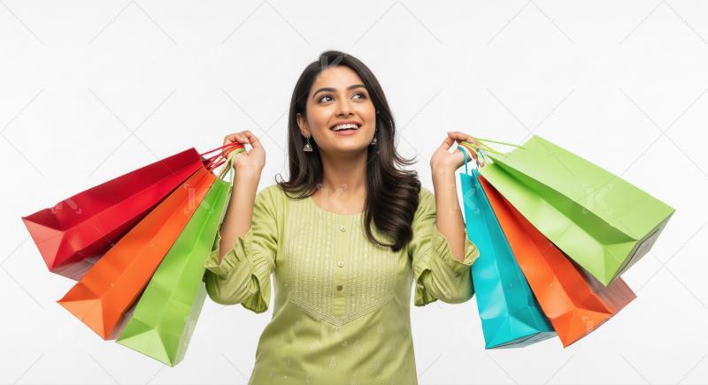 Happy Indian Woman Posing with Colorful Shopping Bags