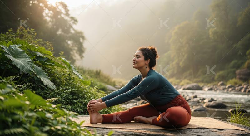 Peaceful Woman Practices Yoga by River at Misty Sunrise