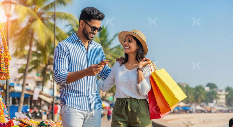 Happy Indian Couple Enjoying Sunny Vacation Shopping Together