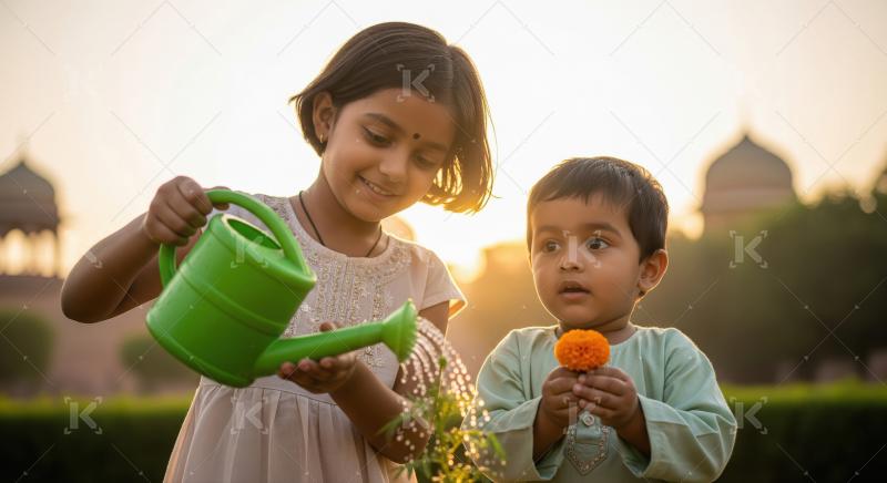 Happy Indian siblings caring for nature at golden hour