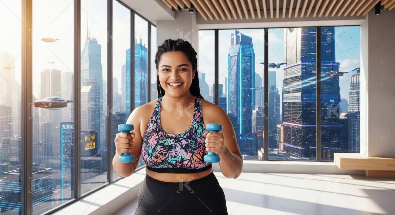 Smiling woman exercising with dumbbells in futuristic city gym