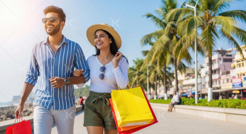 Happy Indian Couple Enjoying Summer Shopping and Coastal Walk