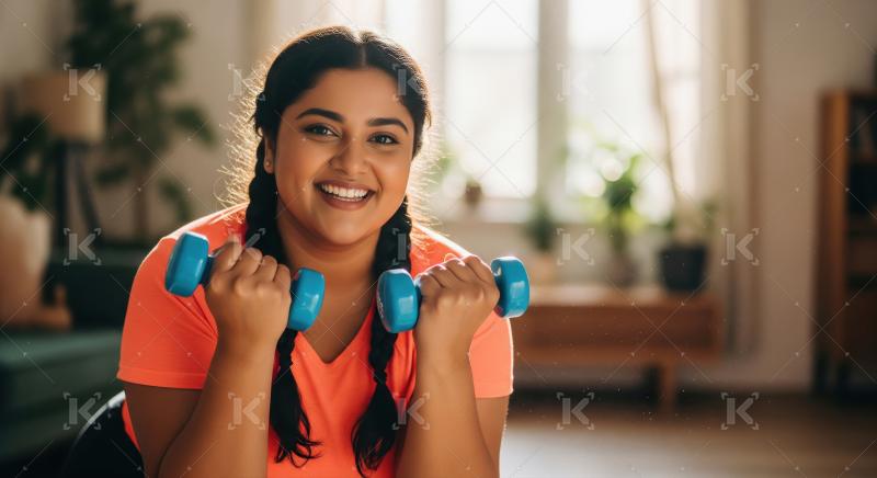 Smiling Indian woman enjoying home fitness with dumbbells.