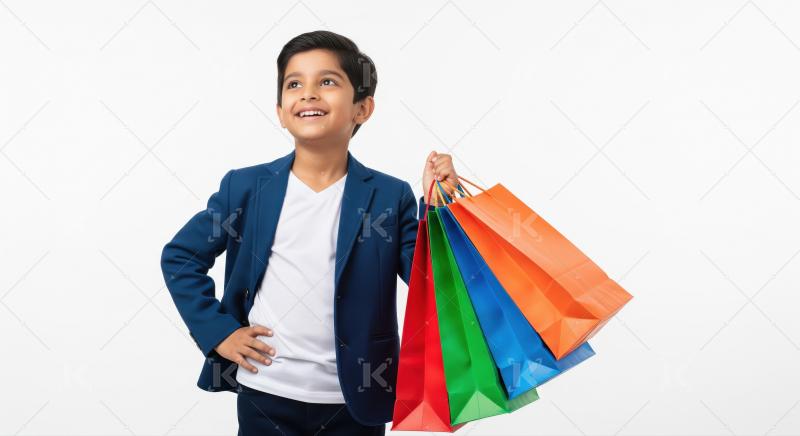 Happy Indian Boy Holding Colorful Shopping Bags Looking Up