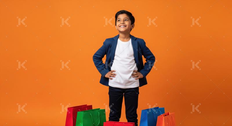 Happy Indian Boy with Shopping Bags on Orange Background.