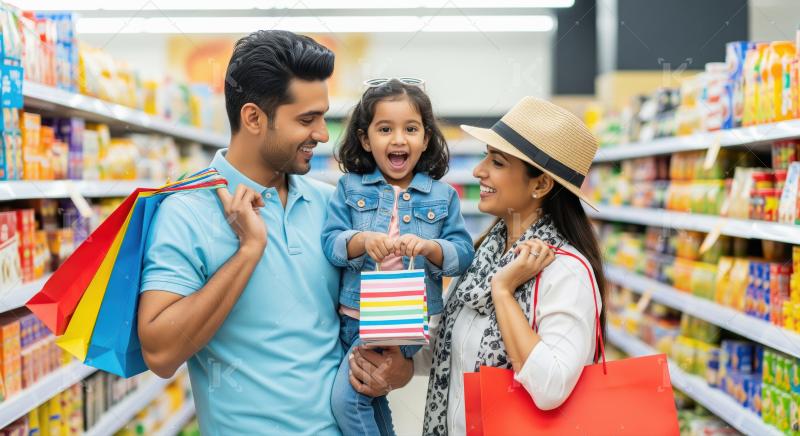 Happy Indian Family Shopping Together in Supermarket Aisle