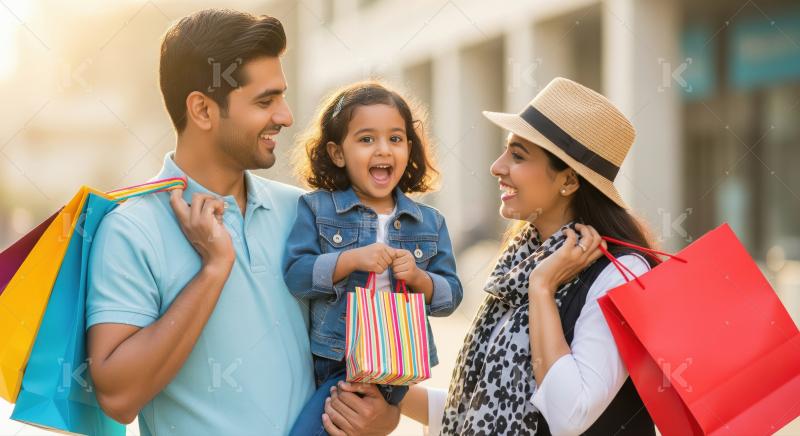 Happy Indian family enjoying a shopping day outdoors.