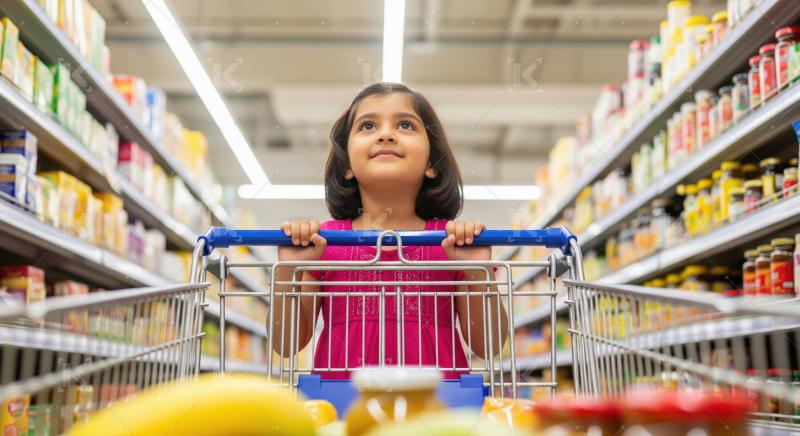 Young Curious Girl Pushing Shopping Cart in Supermarket Aisle