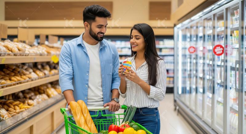 Happy Indian Couple Enjoying Grocery Shopping in Supermarket