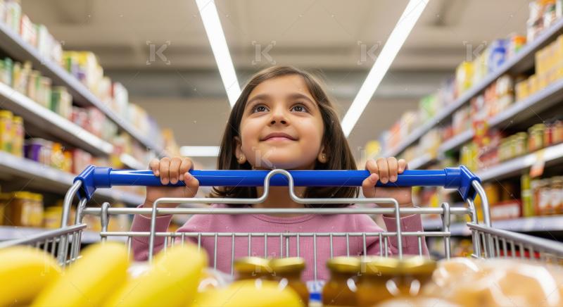 Happy girl enjoys shopping with cart in bright supermarket.