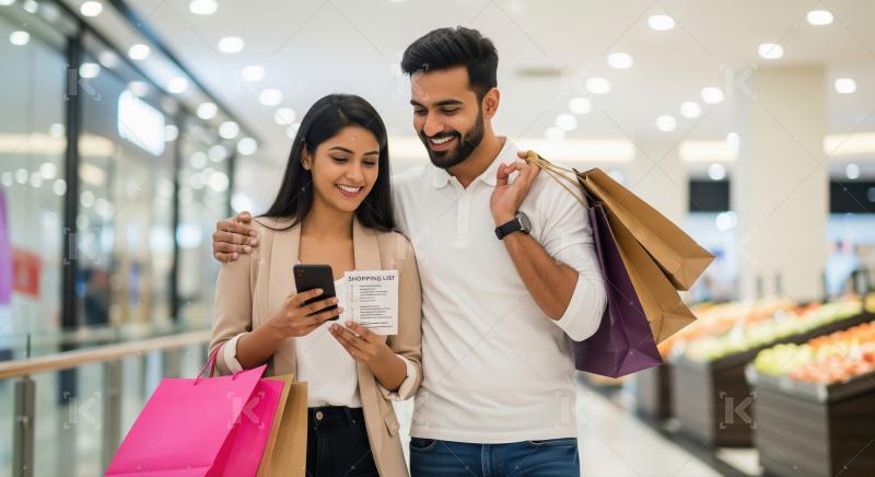 Happy Young Couple Shopping Smartly in Modern Mall