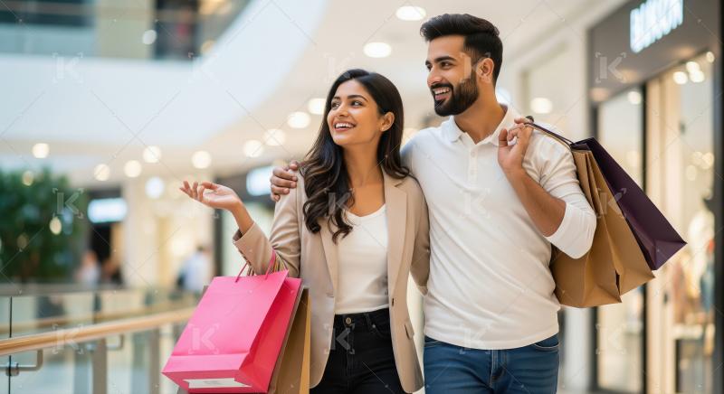 Happy Indian Couple Enjoying Retail Therapy in a Modern Mall