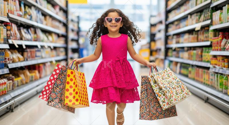 Happy little girl smiling with shopping bags in supermarket
