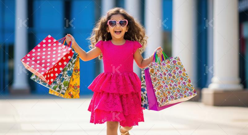 Joyful Little Girl Enjoying Shopping Spree with Colorful Bags