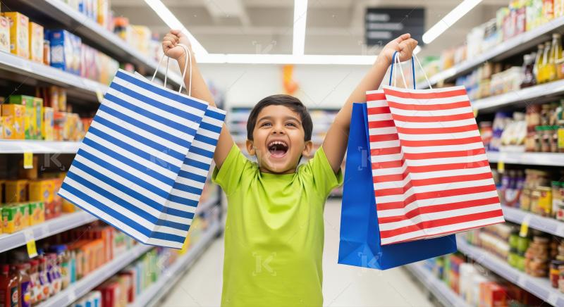 Excited Child Celebrates Shopping with Two Colorful Bags in Supe