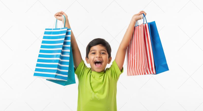 Joyful Indian Boy Holds Up Colorful Shopping Bags Happily