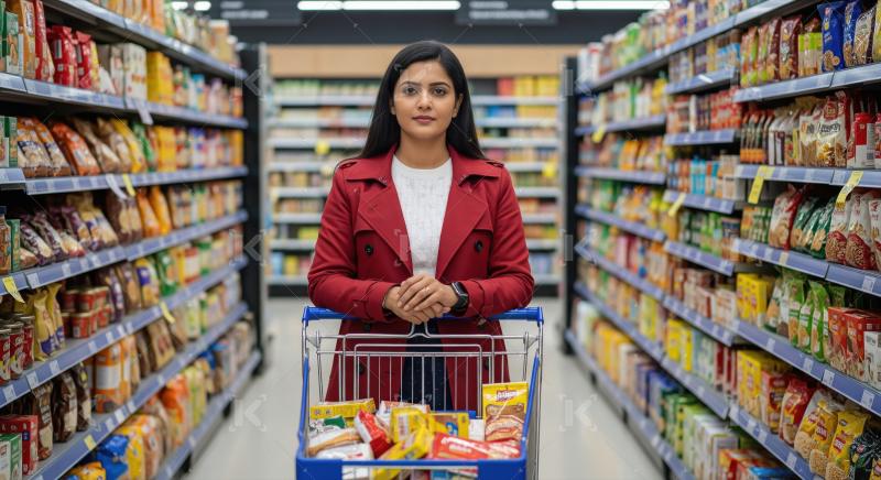Young Indian Woman Shopping in a Modern Supermarket Aisle