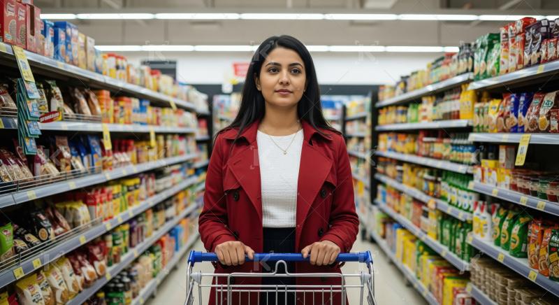 Young Indian woman with shopping cart in supermarket aisle.