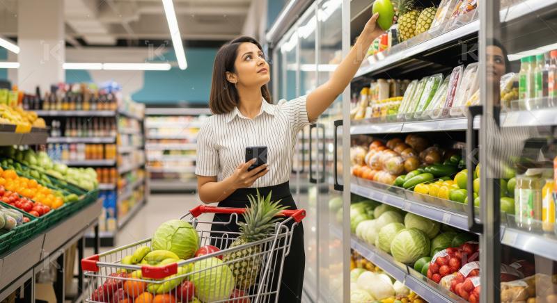 Young Woman Shops for Fresh Produce at Modern Grocery Store