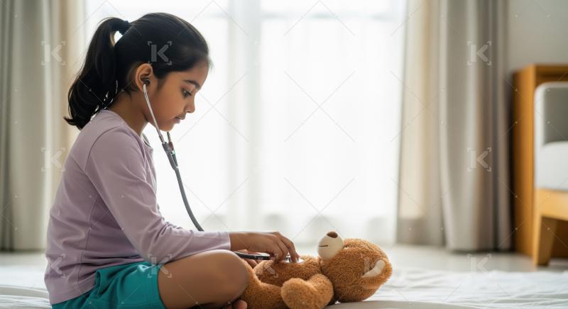 Little girl playing doctor with her teddy bear