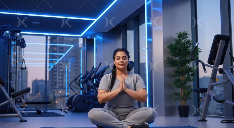 Woman Meditating Peacefully in Modern Gym with City View