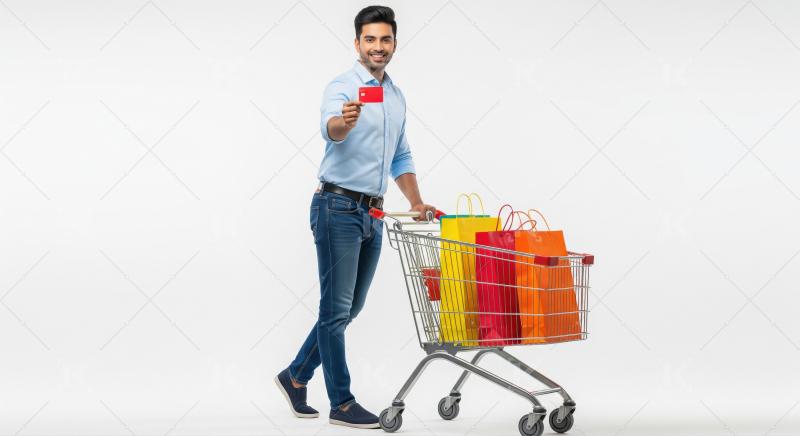 Smiling Indian man with shopping cart displaying credit card