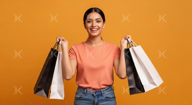 Happy Indian Woman Joyfully Holds Shopping Bags