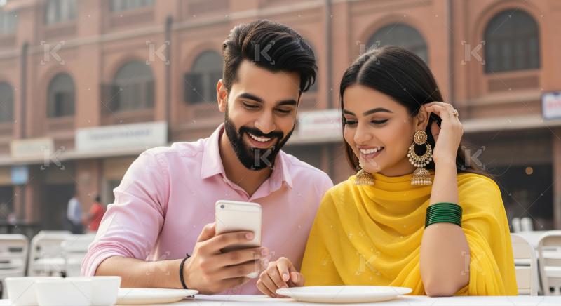 Happy Indian Couple Sharing Phone at Outdoor Cafe