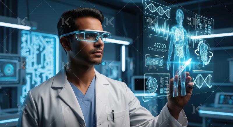 Futuristic Doctor Analyzing Human Body Data with AR Glasses