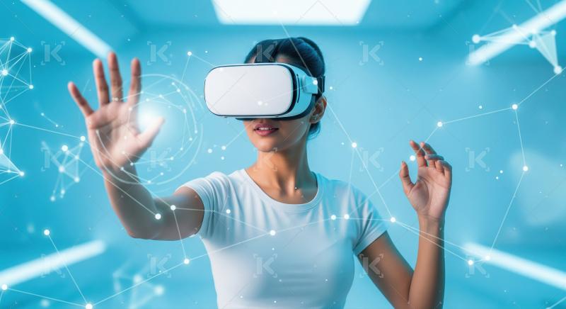 Woman wearing VR headset interacting with virtual reality networ
