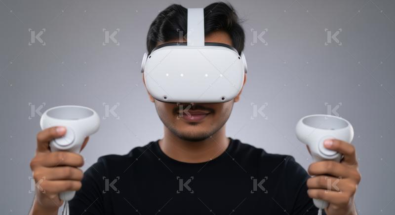 Young man immersed in virtual reality wearing VR headset and con