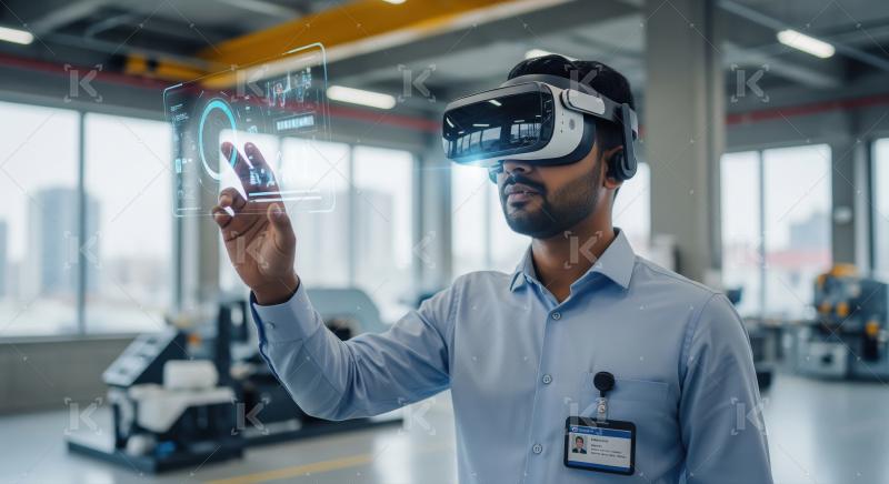 Engineer Using VR Headset Interacting with Holographic Factory I