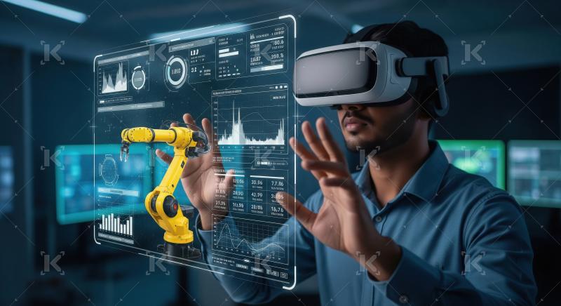 Futuristic Engineer Interacting with VR Holographic Robot Arm Da