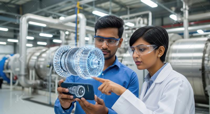 Engineers using augmented reality to analyze turbine design in f