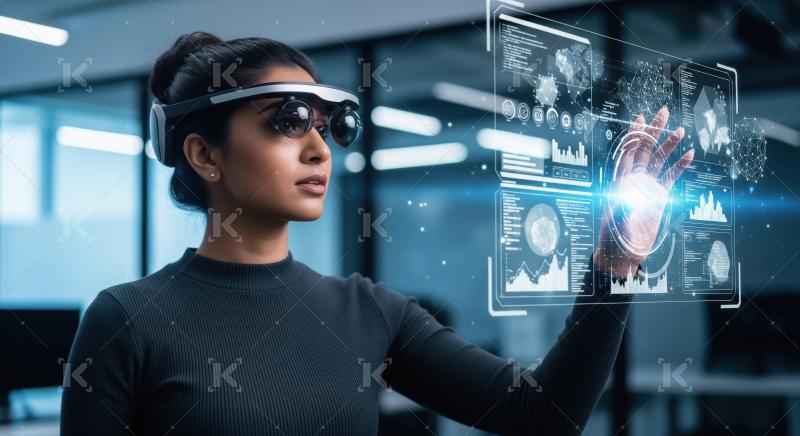 Futuristic Vision: Woman Interacting with Virtual Data Screen